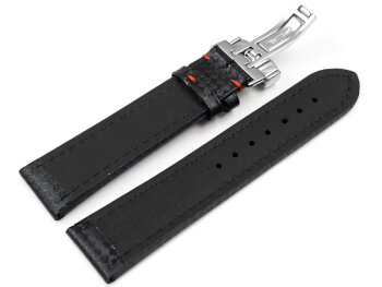 Deployment clasp - Watch strap - Genuine leather - carbon print - black w. red  stitch