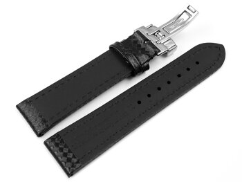 Deployment clasp - Watch strap - Genuine leather - carbon print - black