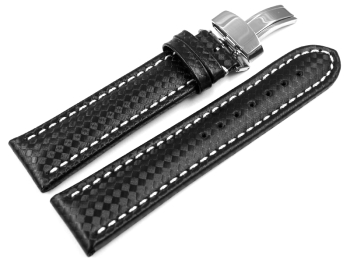 Deployment clasp - Watch strap - Genuine leather - carbon print - black w. stitch