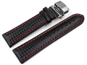 Butterfly - Watch strap - Genuine leather - carbon print - black w. red stitch