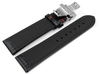 Butterfly - Watch strap - Genuine leather - carbon print - black w. red stitch