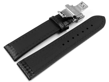 Butterfly - Watch strap - Genuine leather - carbon print - black