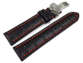 Deployment - Watch strap - Genuine leather - croco print - black w. red stitch
