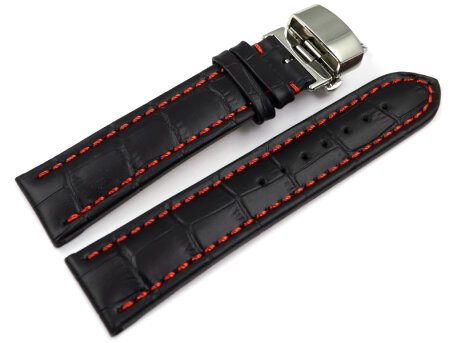 Butterfly - Watch strap - Genuine leather - croco print - black w. red stitch