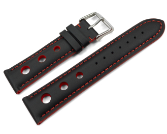 Watch strap black smooth three holes red stitching 18mm 20mm 22mm 24mm