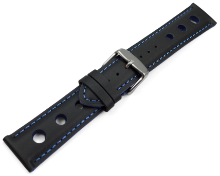 Watch strap black smooth three holes blue stitching 18mm 20mm 22mm 24mm