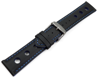Watch strap black smooth three holes blue stitching 18mm 20mm 22mm 24mm