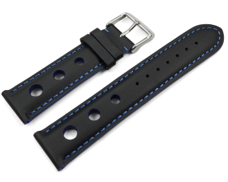 Watch strap black smooth three holes blue stitching 18mm 20mm 22mm 24mm