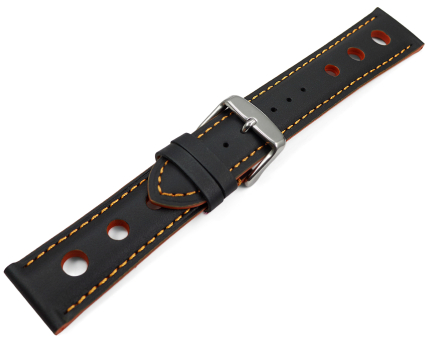 Watch strap black smooth three holes orange stitching 18mm 20mm 22mm 24mm
