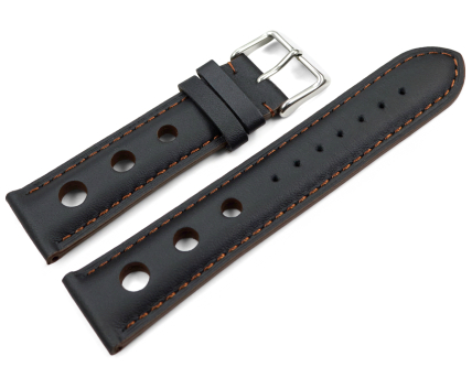 Watch strap black smooth three holes brown stitching 18mm...
