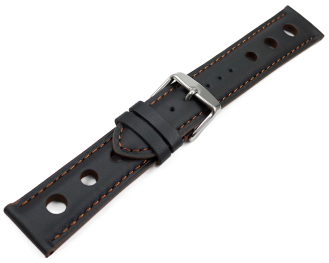 Watch strap black smooth three holes brown stitching 18mm 20mm 22mm 24mm