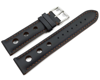 Watch strap black smooth three holes brown stitching 18mm 20mm 22mm 24mm