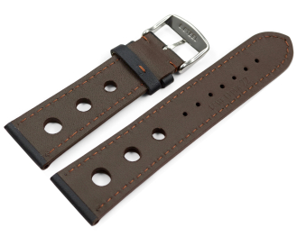 Watch strap black smooth three holes brown stitching 18mm 20mm 22mm 24mm
