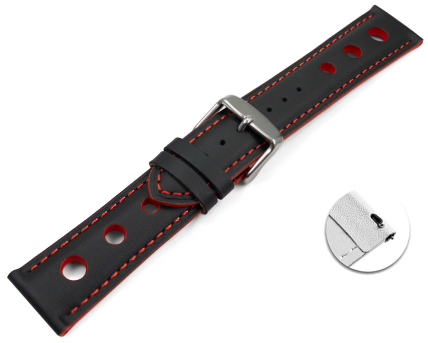 Quick release Watch strap black smooth three holes red stitching 18mm 20mm 22mm 24mm