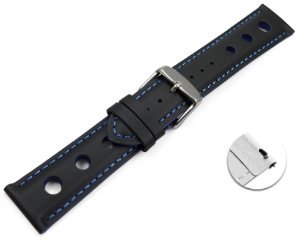 Quick release Watch strap black smooth three holes blue stitching 18mm 20mm 22mm 24mm