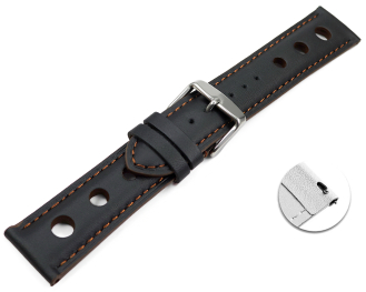 Quick release Watch strap black smooth three holes brown stitching 18mm 20mm 22mm 24mm