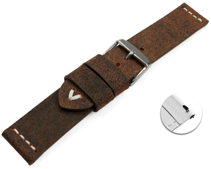 Quick release Watch strap in dark brown camel leather with white stitching 18mm 20mm 22mm 24mm