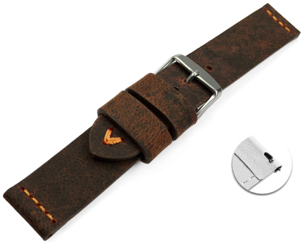 Quick release Watch strap in dark brown camel leather with orange stitching 18mm 20mm 22mm 24mm