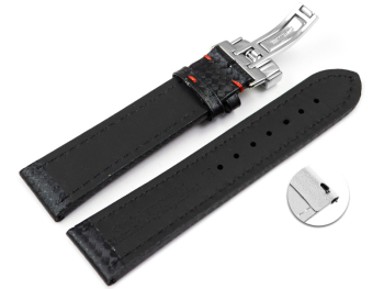 Quick Release Watch Strap Deployment clasp Genuine leather carbon print black w. red  stitch 18mm 20mm 22mm 24mm