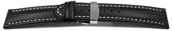 Quick Release Watch Strap Deployment clasp Genuine leather carbon print black w. stitch 18mm 20mm 22mm 24mm