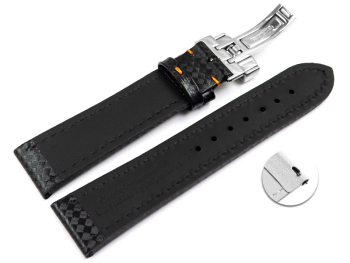 Quick Release Watch Strap Deployment clasp Genuine leather Carbon print black with orange stitching 18mm 20mm 22mm 24mm