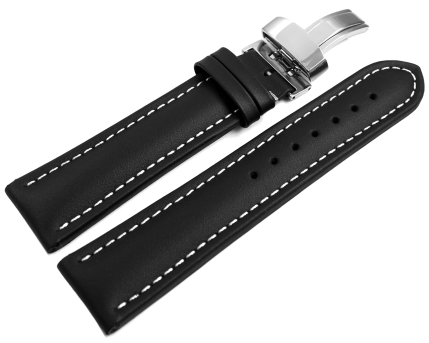 Watch strap deployment padded leather Smooth black wN...