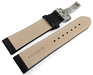 Watch strap deployment padded leather Smooth black wN 18mm 20mm 22mm 24mm