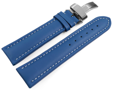 Watch strap deployment padded leather Smooth blue wN 18mm...