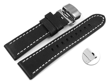 Black Leather Watch Strap Quick Release Butterfly Clasp...