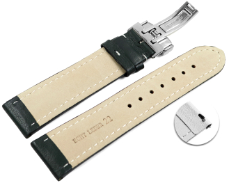 Quick release Watch strap deployment padded leather Smooth dark green wN 18mm 20mm 22mm 24mm