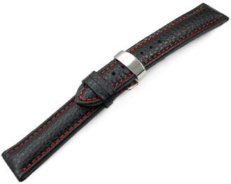 Watch Strap Deployment Genuine leather Grained black red stitching 18mm 20mm 22mm 24mm