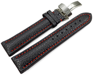 Watch Strap Deployment Genuine leather Grained black red stitching 18mm 20mm 22mm 24mm