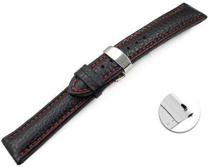 Quick Release Watch Strap Deployment Clasp Genuine leather Grained black red stitch 18mm 20mm 22mm 24mm