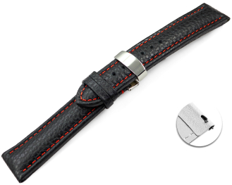 Quick Release Watch Strap Deployment Clasp Genuine leather Grained black red stitch 18mm 20mm 22mm 24mm