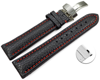 Quick Release Watch Strap Deployment Clasp Genuine leather Grained black red stitch 18mm 20mm 22mm 24mm
