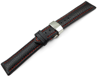 Watch Strap Butterfly Genuine leather Grained black red stitch 18mm 20mm 22mm 24mm 26mm 28mm
