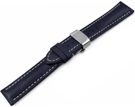 Watch Strap Butterfly Leather strong padded smooth dark blue 18mm Steel