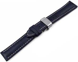 Watch Strap Butterfly Leather strong padded smooth dark blue 18mm Steel
