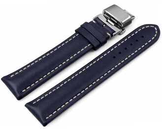 Watch Strap Butterfly Leather strong padded smooth dark blue 18mm Steel