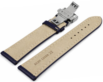 Watch Strap Butterfly Leather strong padded smooth dark blue 18mm Steel