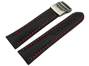 Deployment clasp - Genuine leather - smooth - black - red stitching